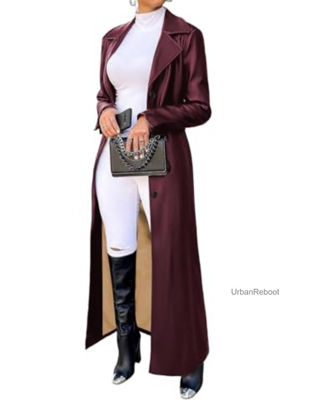 Faux Leather Long Trench Coat Lapel Collar Button Down Maxi Duster Jacket